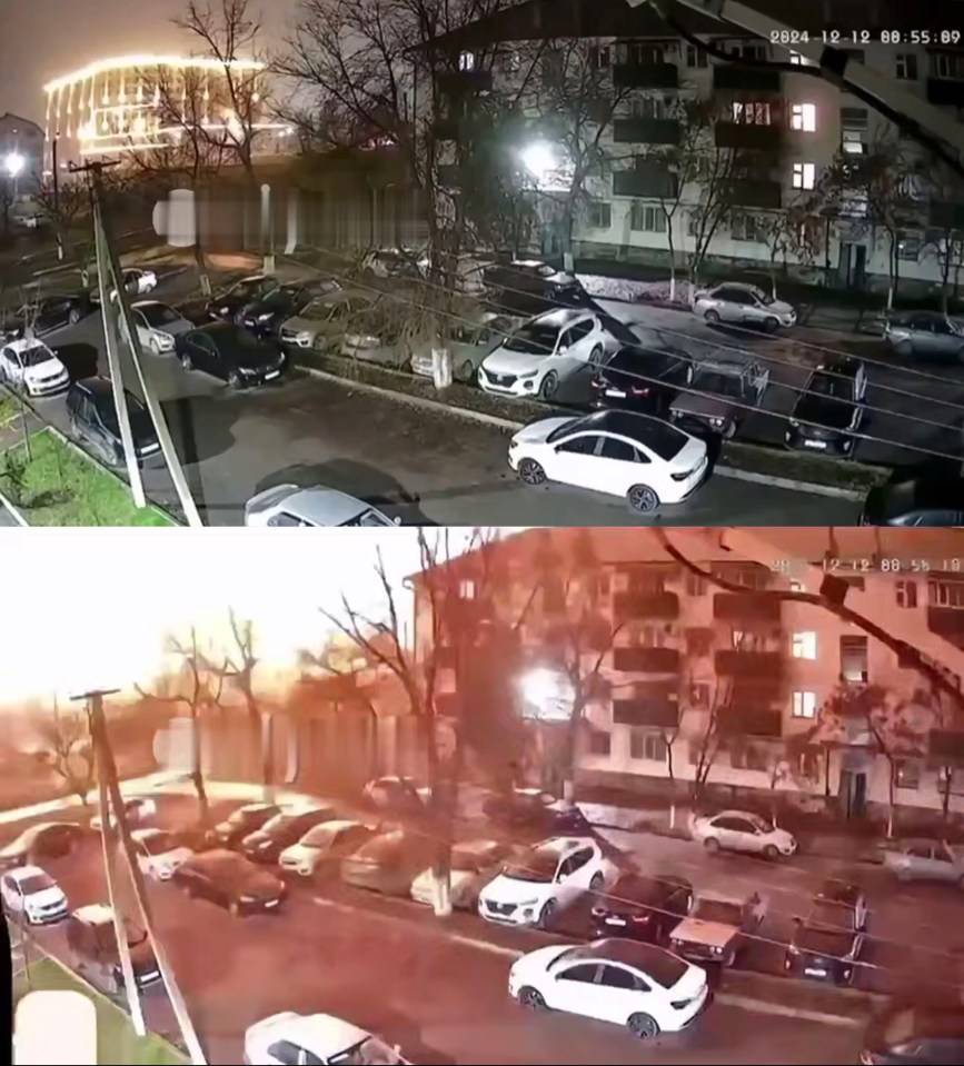 A still from CCTV footage showing the drone explosion lighting up the sky