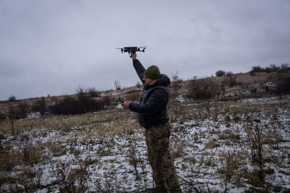 A Ukrainian soldier uses a drones during a training exercise in Donetsk Oblast