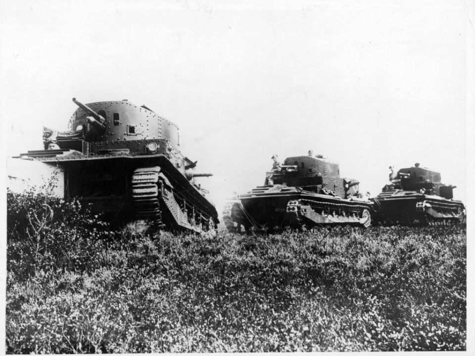 Three Royal baby tanks at a military drill in Aldershot, England.