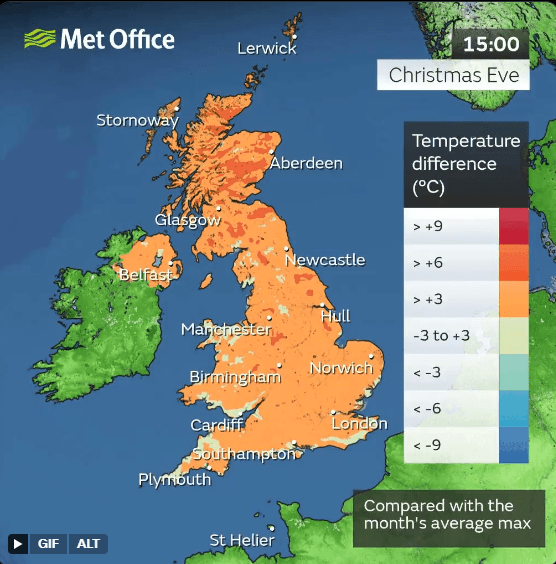 UK weather map showing temperature difference from average on Christmas Eve.