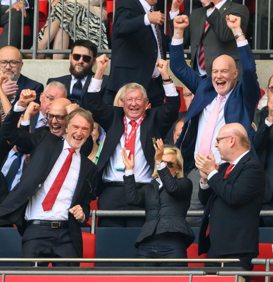 Manchester United co-owners and associates celebrating a victory at Wembley Stadium.