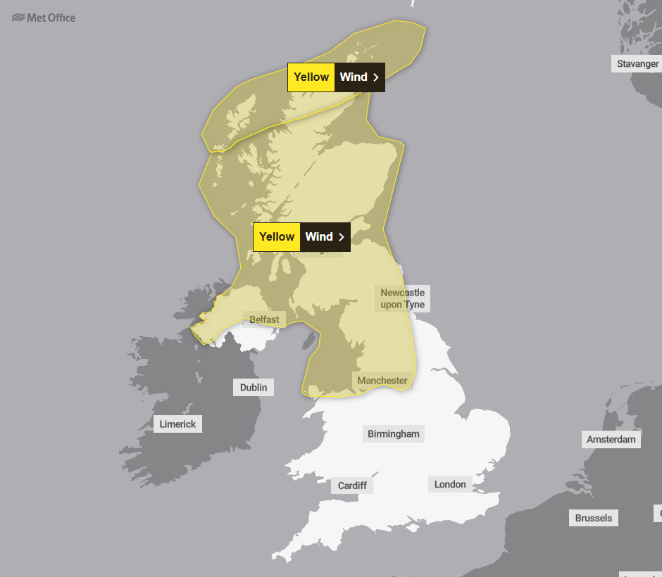 A yellow weather warning for wind is also in place