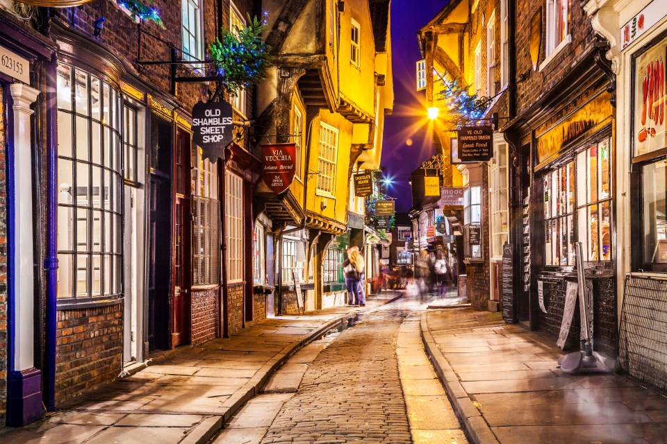 York's Shambles at night, decorated for Christmas.