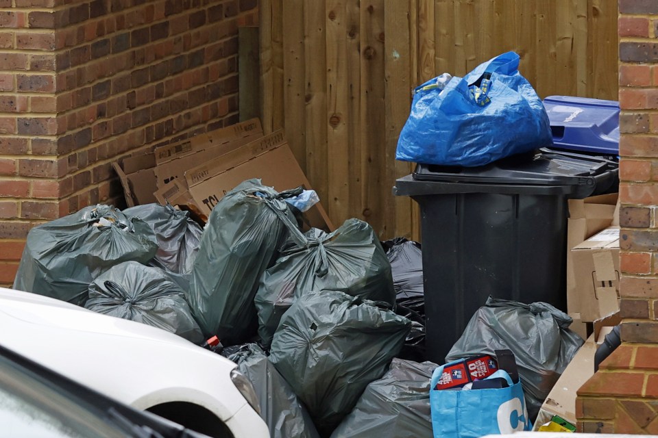 Pile of garbage bags and boxes outside a house.