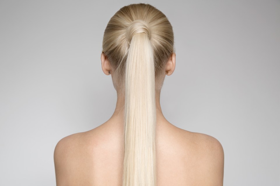 Portrait Of A Beautiful Young Blond Woman With Ponytail Hairstyle. Back view