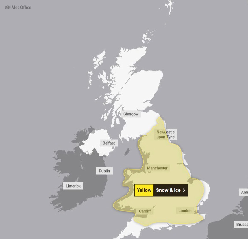 A yellow weather warning covers much of England