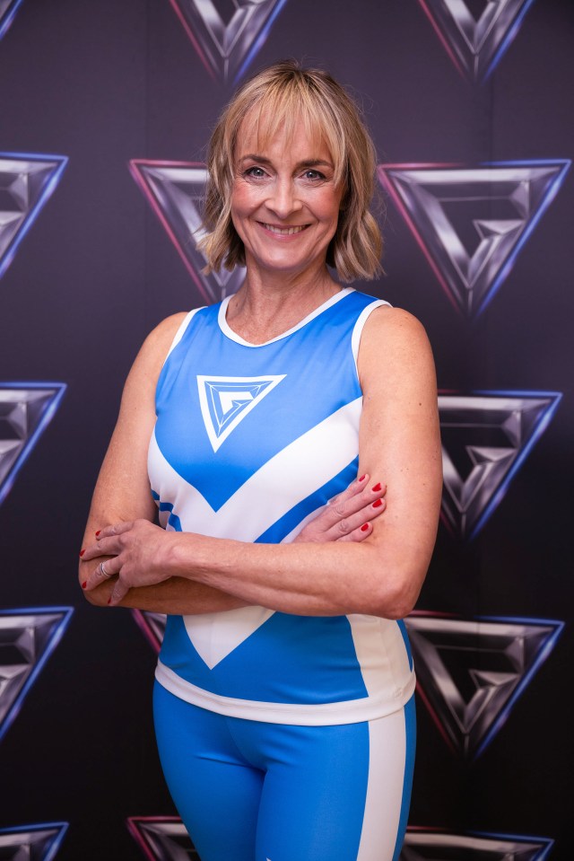 Louise Minchin in a blue Gladiator's outfit.