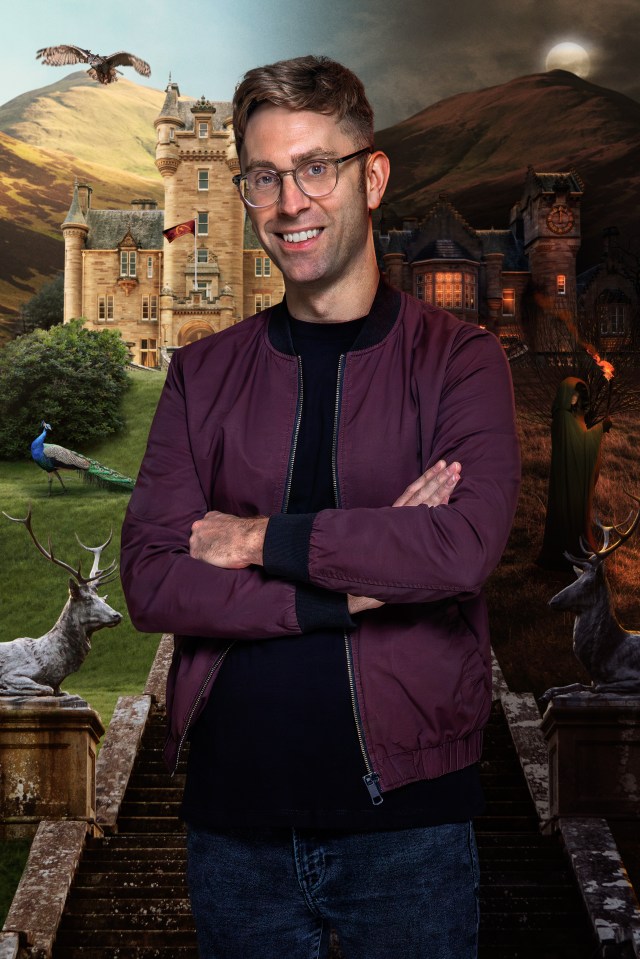 Illustration of Joe, a contestant from Series 3 of The Traitors, standing in front of a castle.