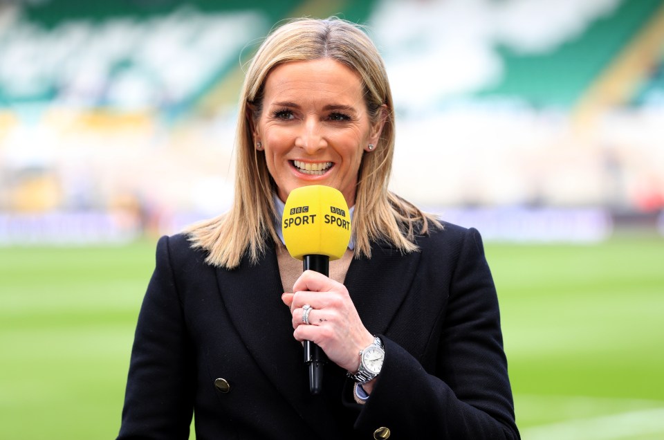 Gabby Logan holding a BBC Sport microphone.