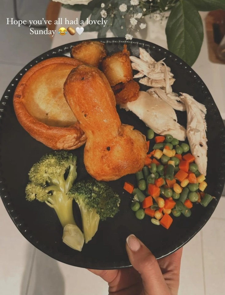 Roast dinner with a phallic-shaped roast potato.