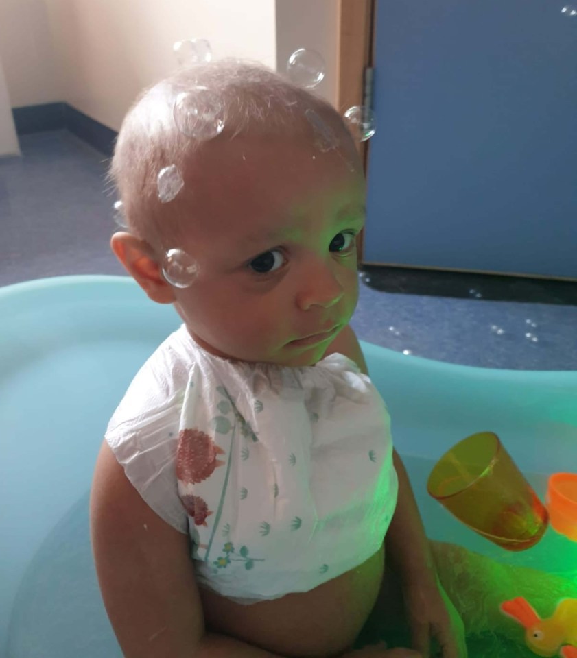 Young boy with bubbles on his head in a bath.