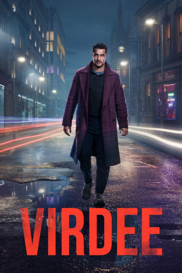 Poster for the show Virdee, featuring a man walking down a city street at night.