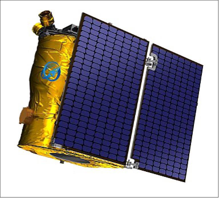 Illustration of a satellite with solar panels.