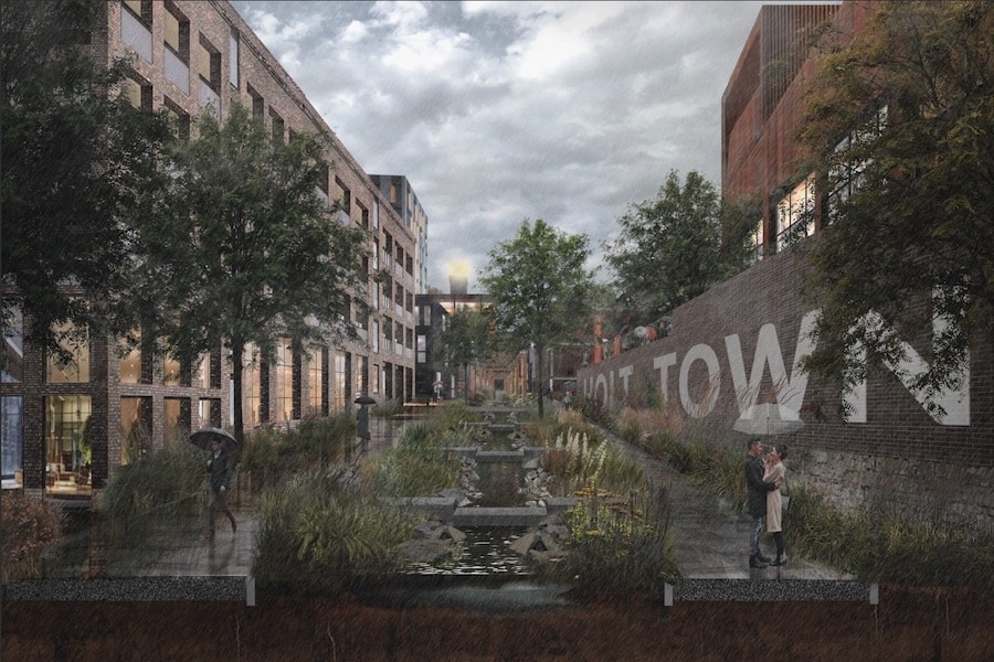 Illustration of Holt Town redevelopment plan in Manchester, showing a rain-swept canal-side walkway with new buildings.