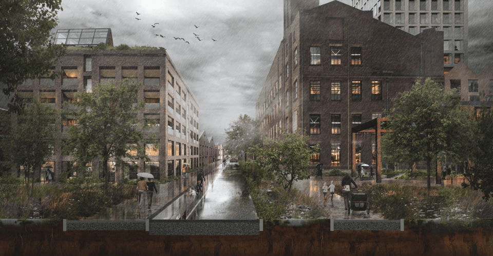 Illustration of a rain-swept green new town development in Manchester.