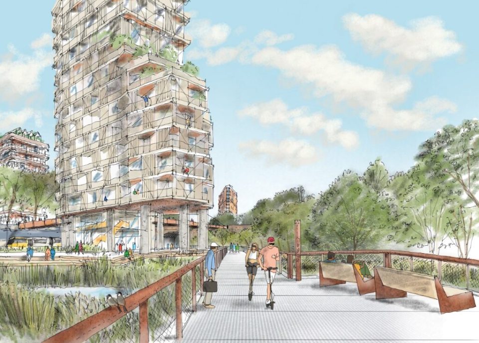 Illustration of a green new town development with a boardwalk, residential building, and people walking and riding scooters.