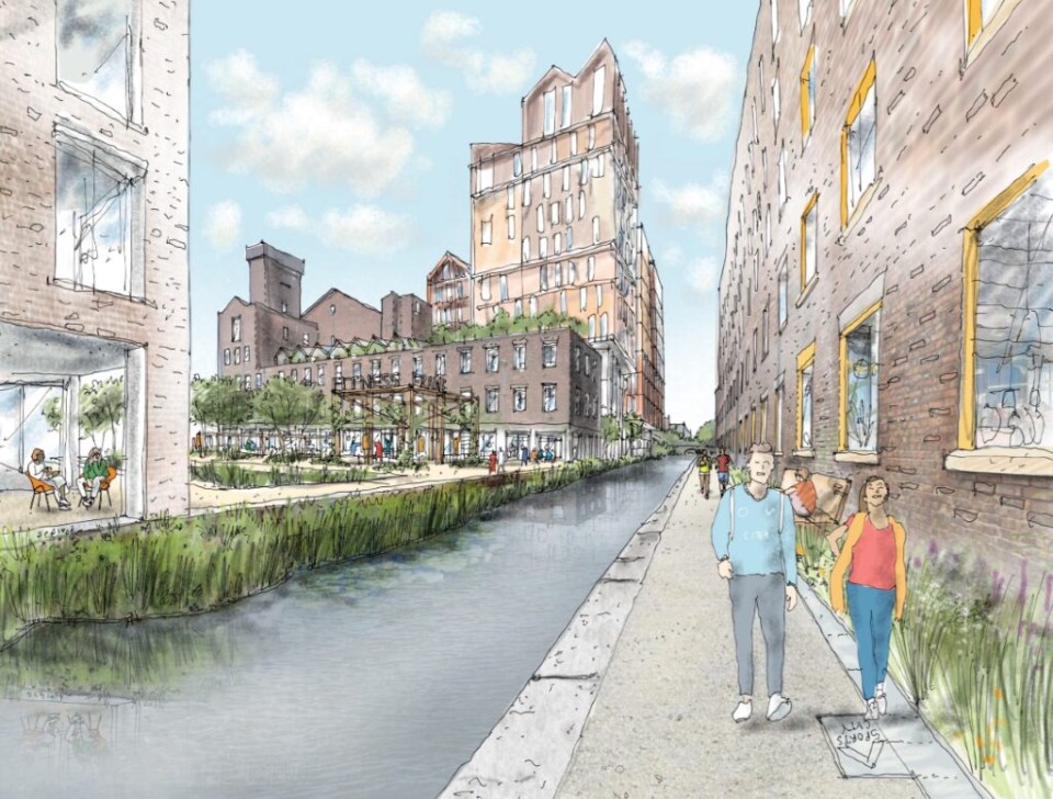 Illustration of a proposed green new town development alongside a canal.