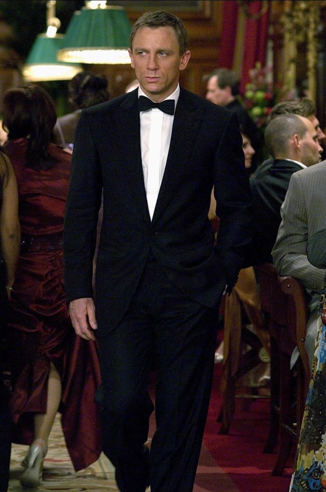 Daniel Craig as James Bond in a tuxedo.