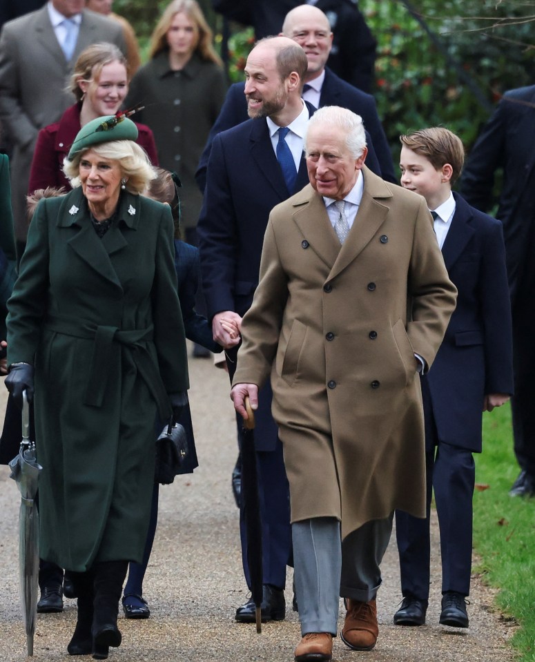 King Charles III, Queen Camilla, Prince William, Princess Catherine, and their children walking to a Christmas Day service.