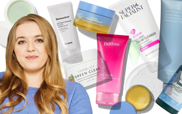 Collage of various face cleansers with a woman.