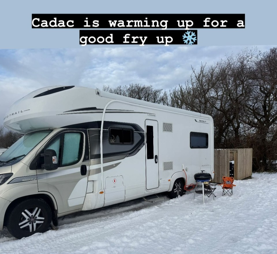 Motorhome in the snow, preparing for a meal.