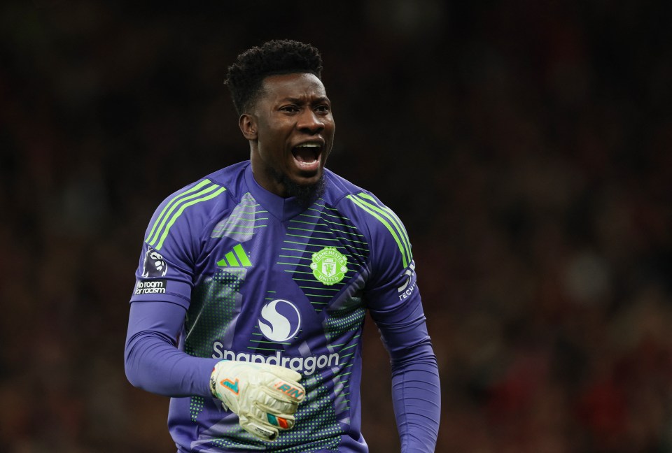 Andre Onana, Manchester United goalkeeper, reacts during a game.