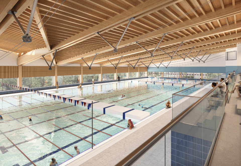 Illustration of an indoor swimming pool with people swimming and sitting on the sidelines.