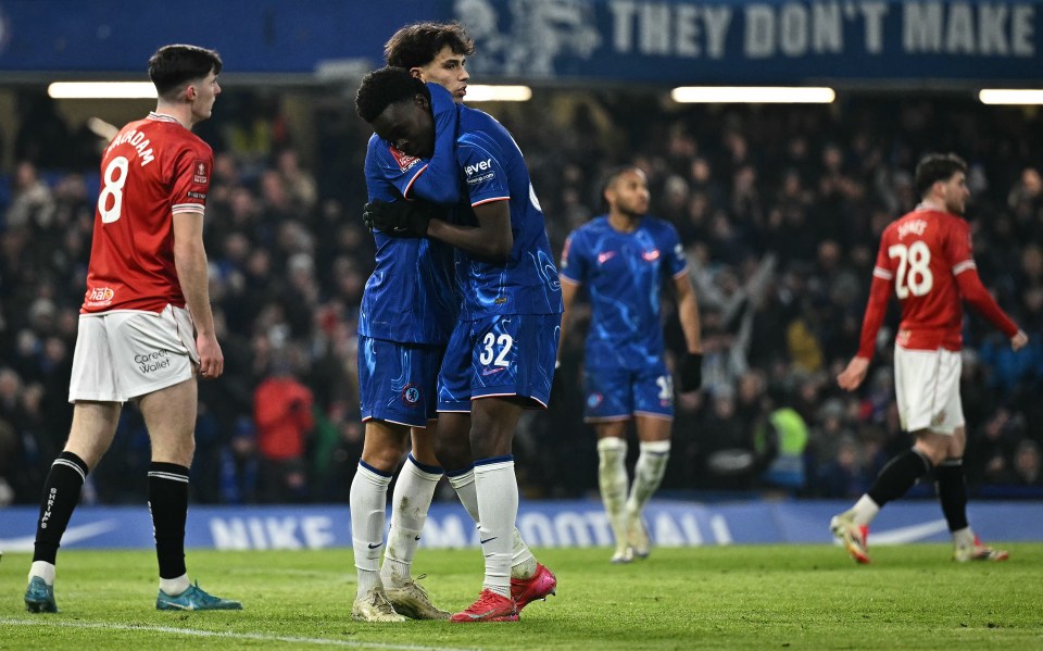 Joao Felix and Tyrique George celebrating a Chelsea goal.