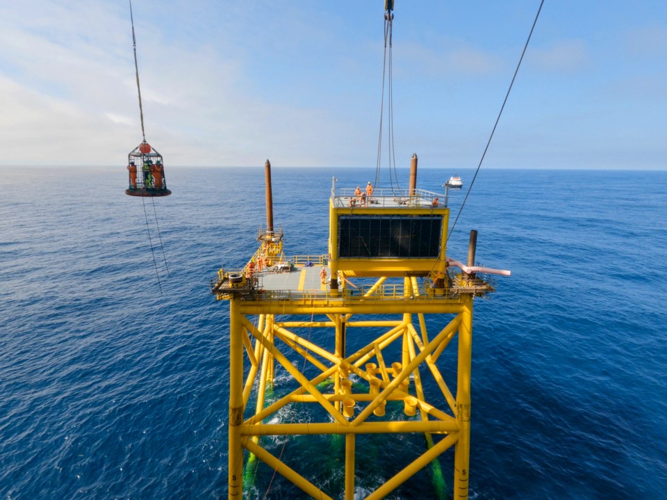 Aerial view of the Jackdaw platform being installed in the North Sea.