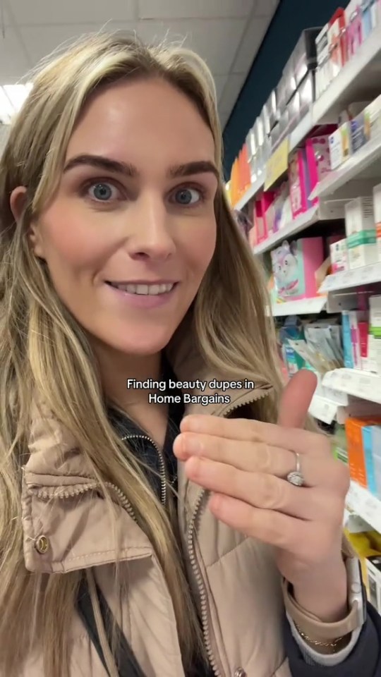 Woman in Home Bargains finding beauty product dupes.