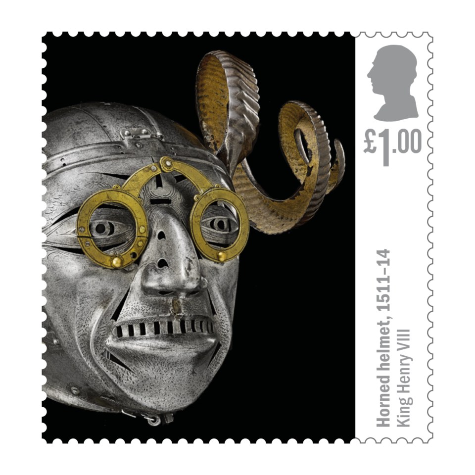 £1.00 postage stamp depicting King Henry VIII's horned helmet.