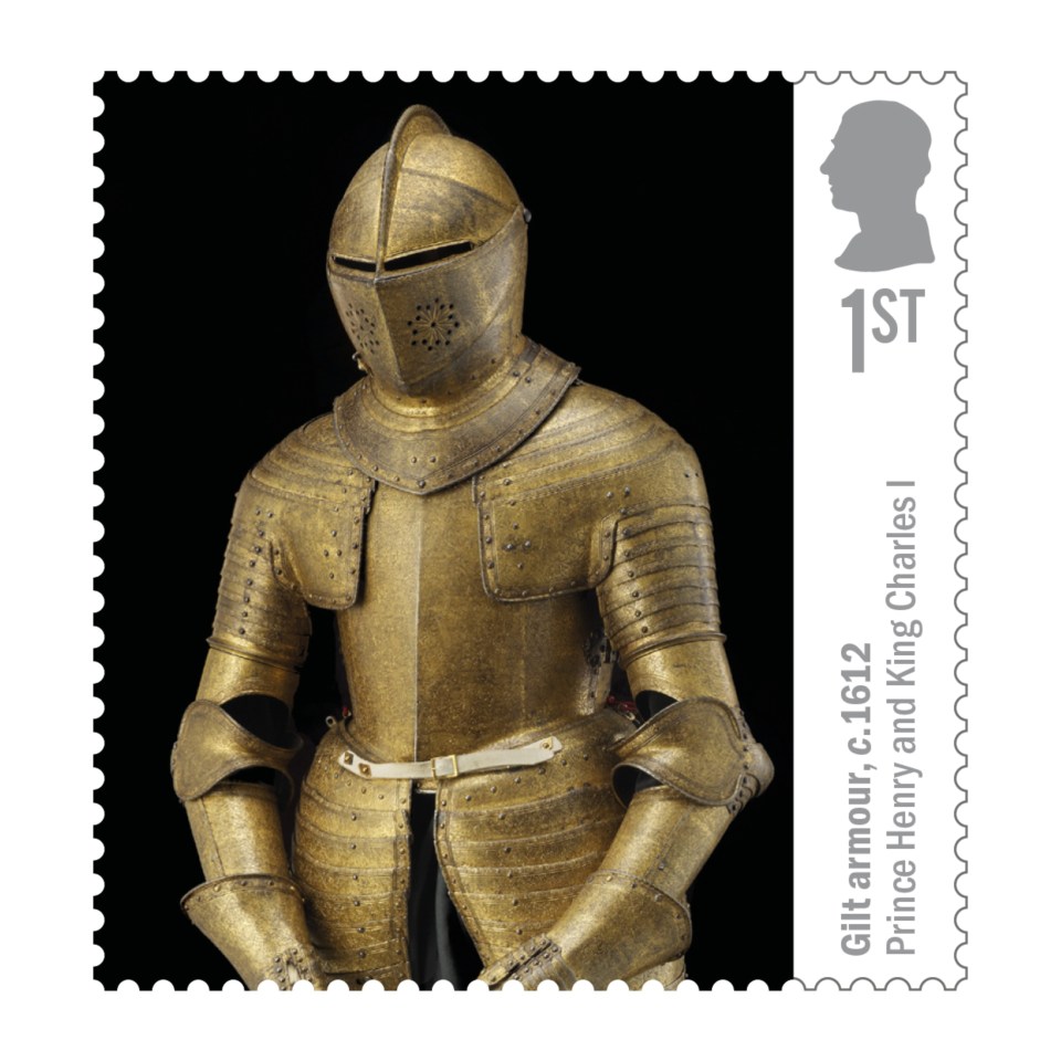 Postage stamp depicting gilt armour, c.1612, owned by Prince Henry and King Charles I.