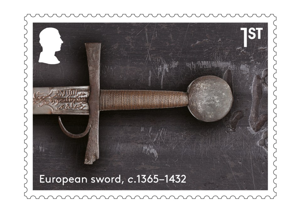 Postage stamp depicting a European sword from c. 1365-1432.