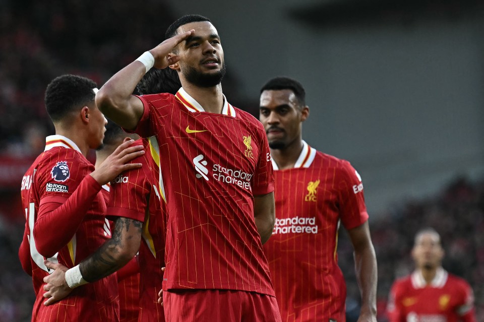 Cody Gakpo celebrates scoring a goal for Liverpool.