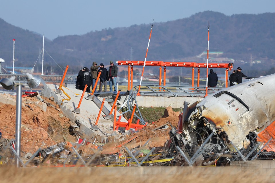 Investigators examine the wreckage of a crashed Boeing 737-800 airplane.