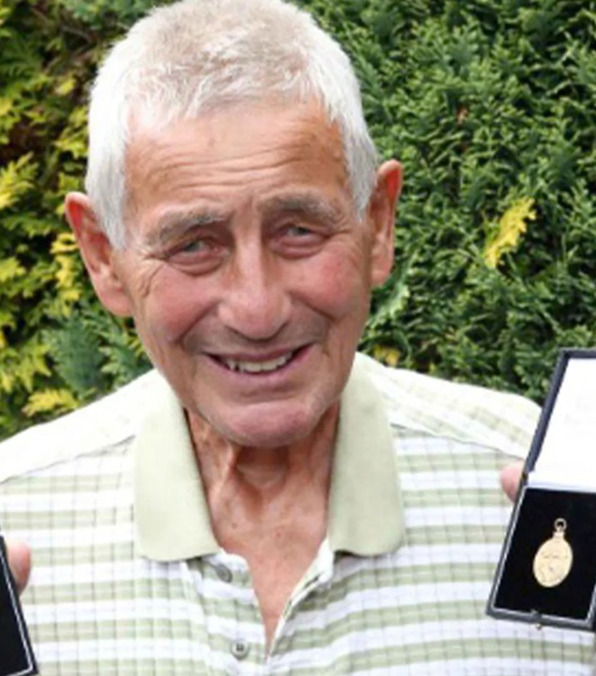 Split image showing David Gaskell as a young man and an older man holding a medal.