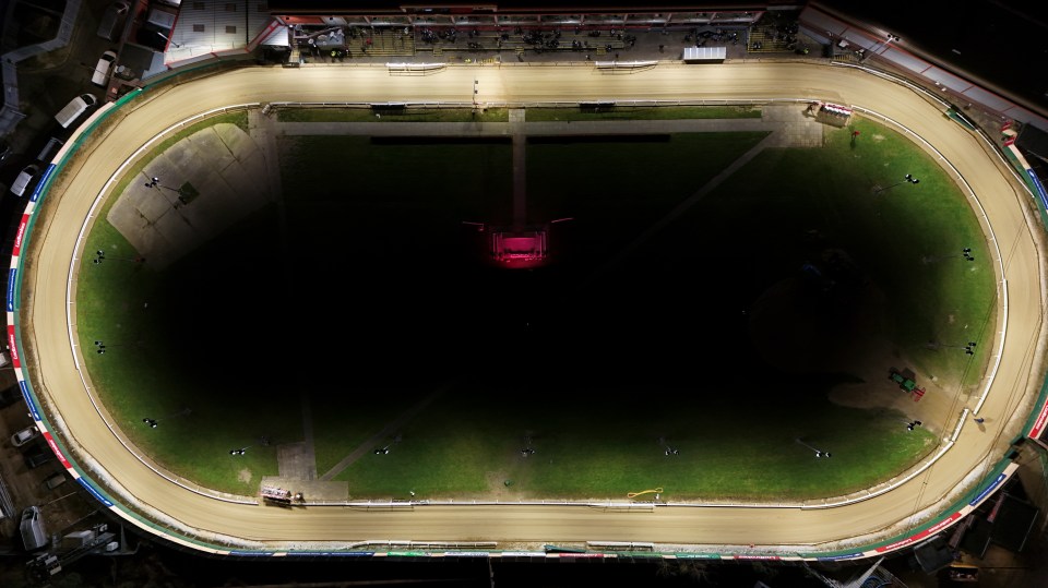 Aerial view of Crayford Greyhound Stadium at night on its final night of racing.