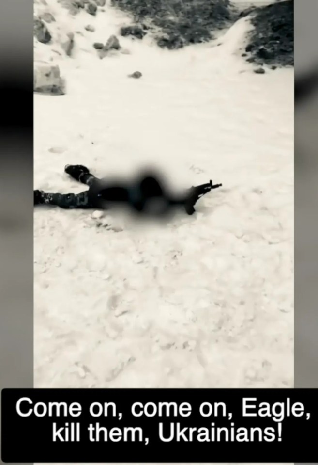 A blurred image of a child lying in the snow holding a rifle, with text overlay reading "Come on, come on, Eagle, kill them, Ukrainians!"