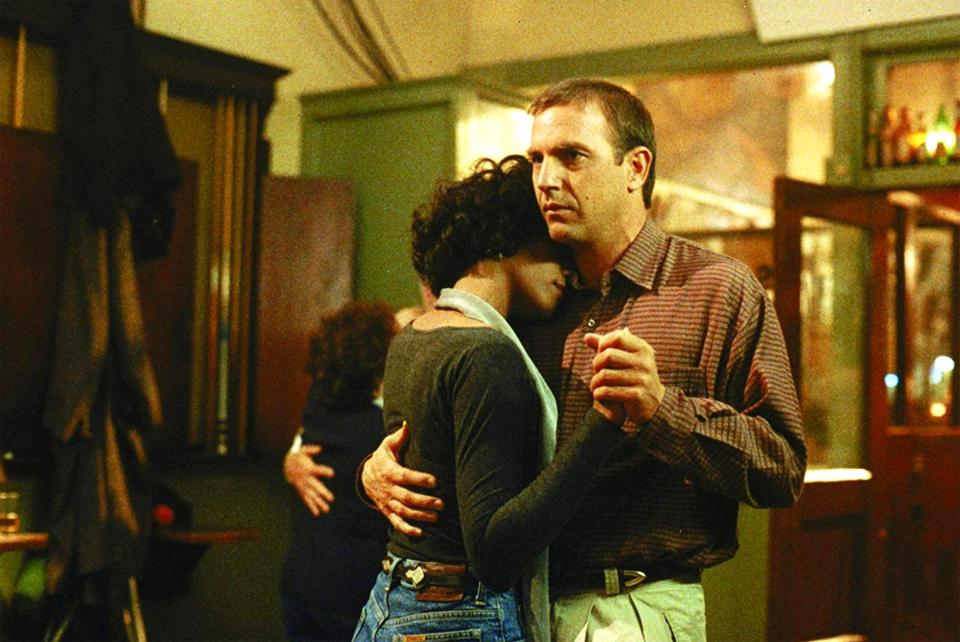 Whitney Houston and Kevin Costner in a scene from the film *The Bodyguard*.