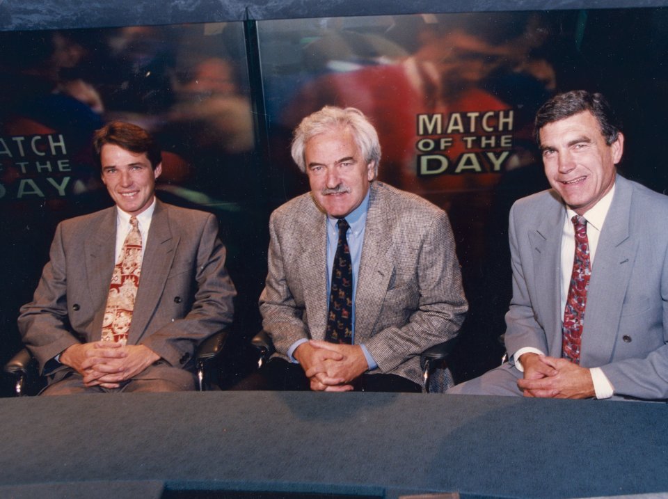 Photo of Alan Hansen, Des Lynam, and Trevor Brooking, the regular presenters of BBC 1's Match of the Day.