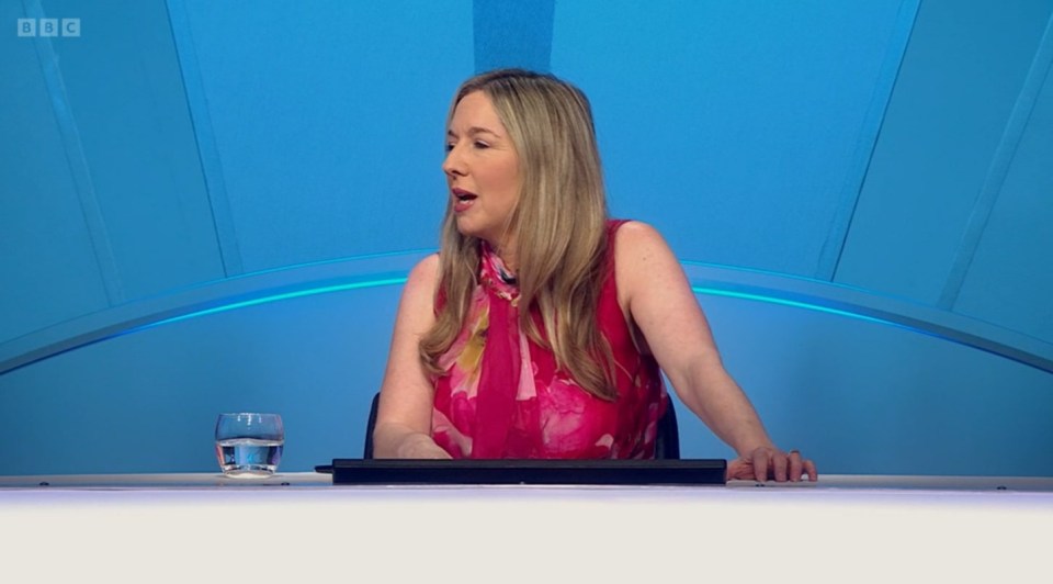 Victoria Coren Mitchell on the set of Only Connect, forced to re-record a scene.