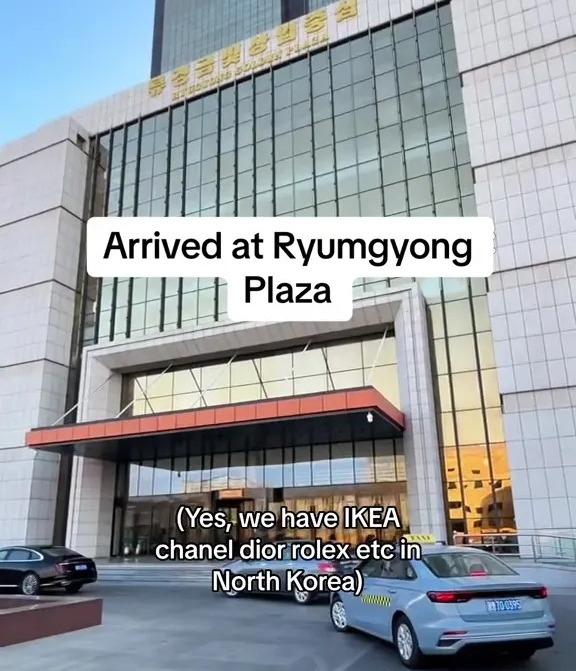 Ryumgyong Plaza in Pyongyang, North Korea, with a note that IKEA, Chanel, Dior, and Rolex goods are present.