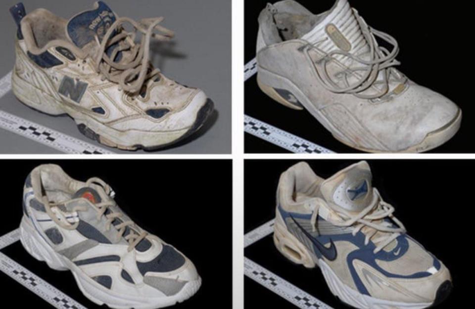 Four worn sneakers found on the Salish Sea coast.