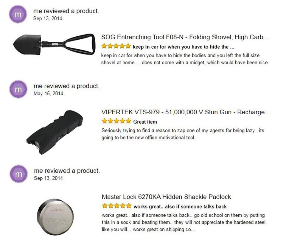 Amazon reviews mentioning shovels, stun guns, and padlocks, with comments suggesting violent uses.