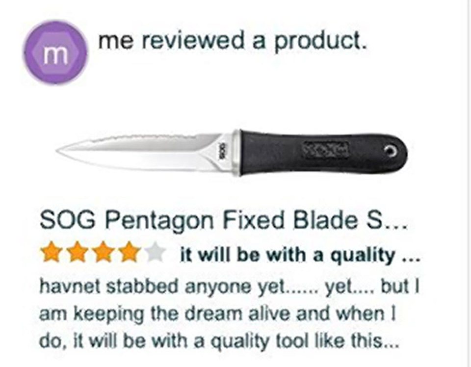 Amazon review of a SOG Pentagon Fixed Blade knife with a five-star rating and a humorous comment about future use.