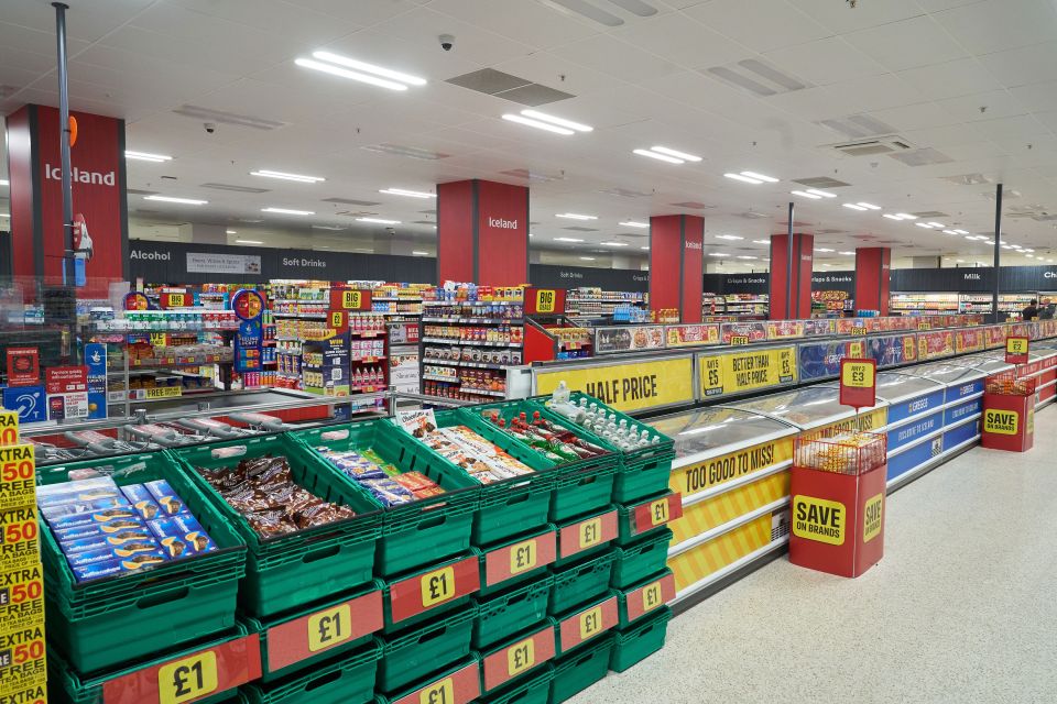 Interior view of an Iceland grocery store.