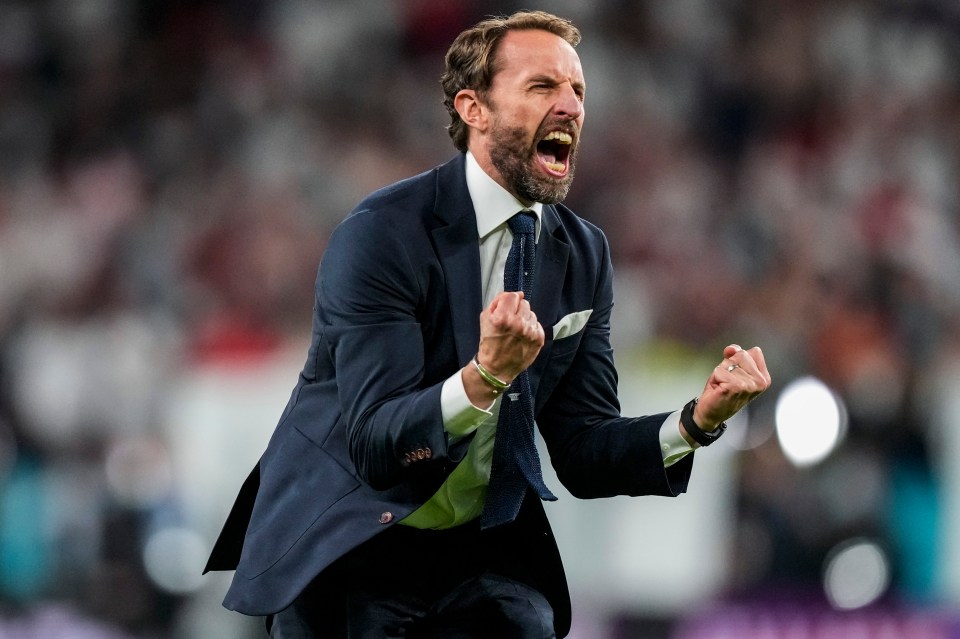 Gareth Southgate celebrates England's Euro 2020 semifinal victory.