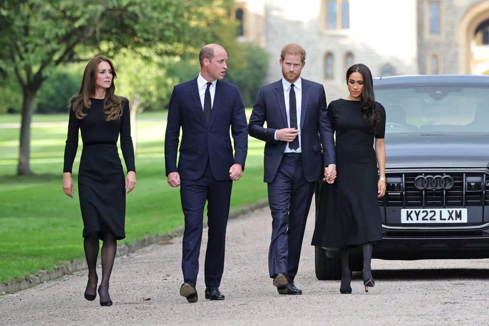 Prince William, Catherine, Princess of Wales, Prince Harry, and Meghan, Duchess of Sussex walking at Windsor Castle.