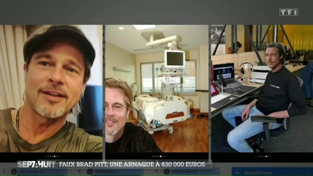 Collage showing AI-generated images of Brad Pitt, a hospital room, and the scammer who defrauded a woman.