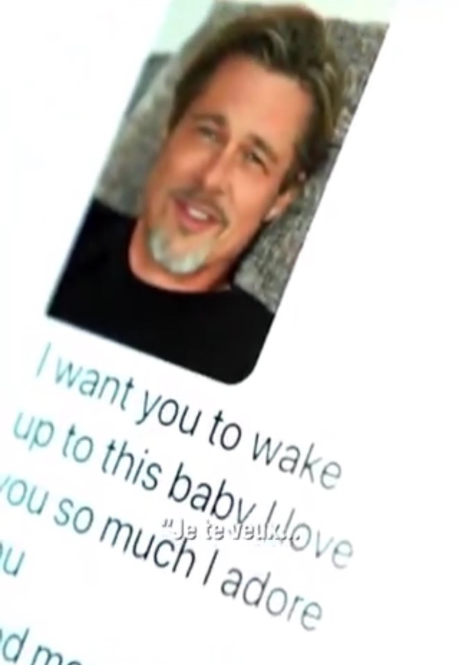 Screenshot of a text message scam depicting Brad Pitt and a message professing love.